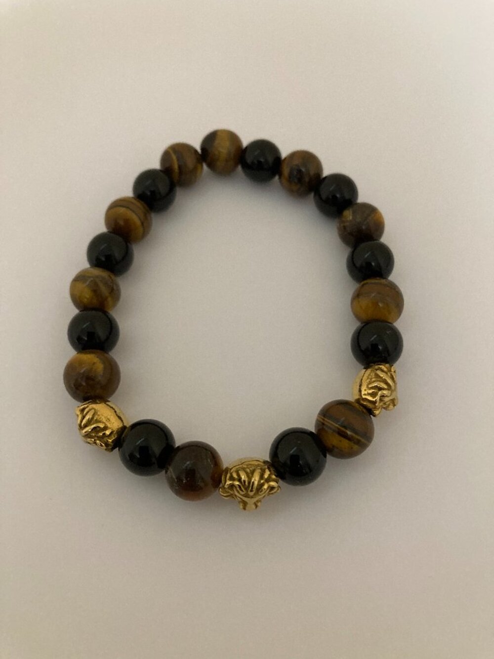 Tiger Eye and Black Onyx Beaded Stretch Bracelet Lion Head